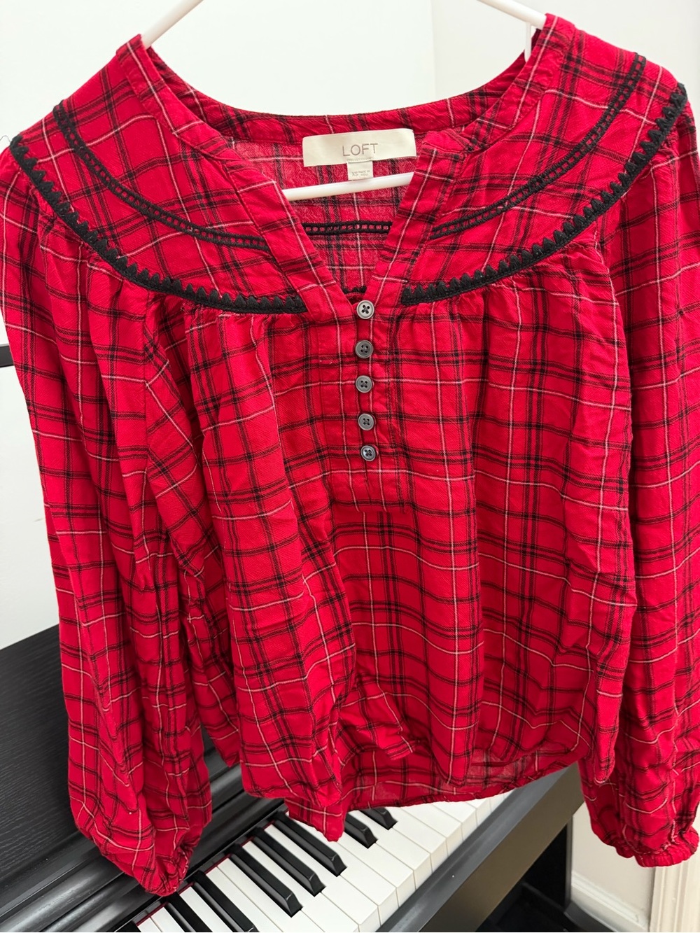 LOFT Red Plaid Button-Front Peasant Blouse with Black Trim